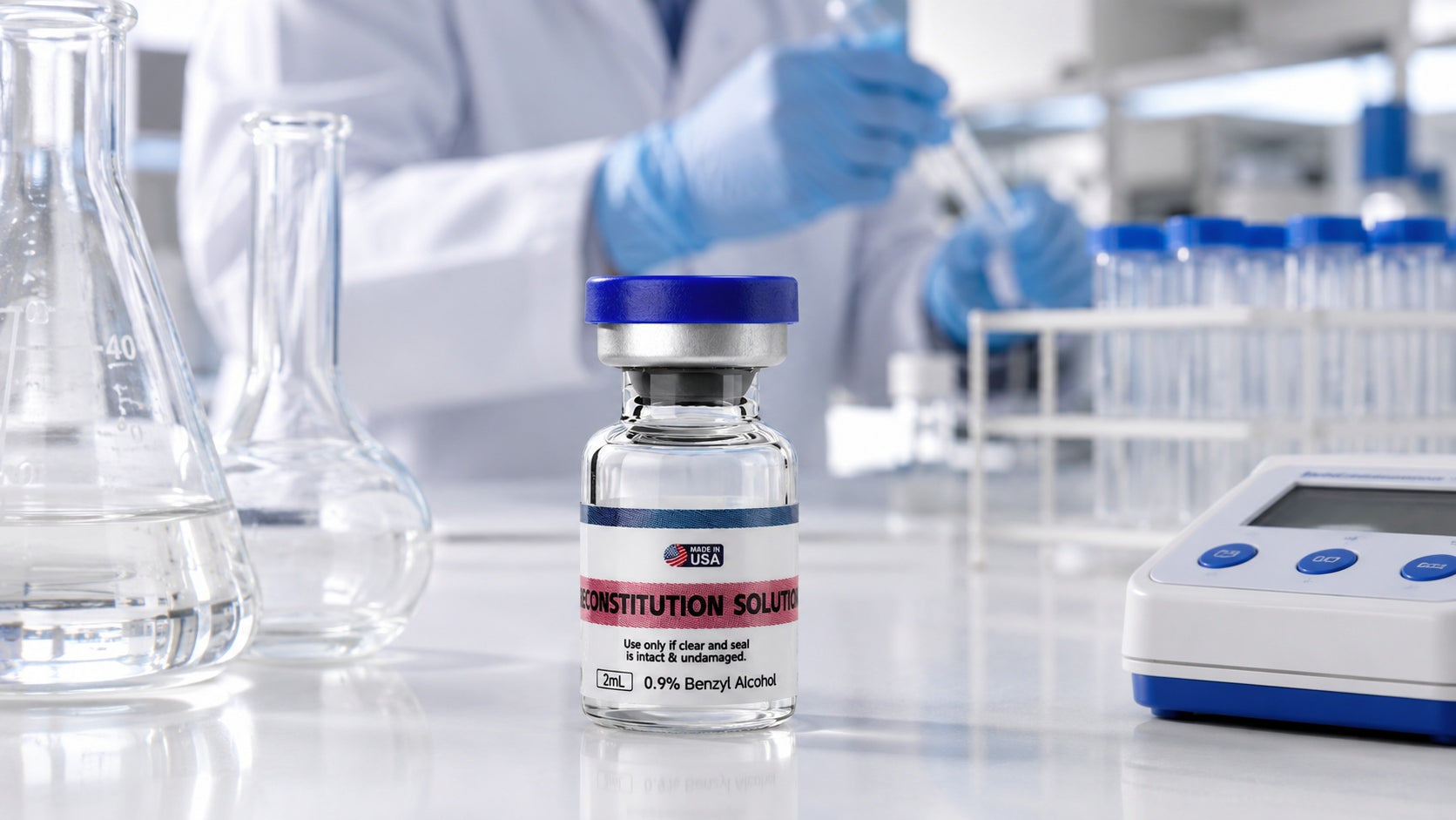 Laboratory reconstitution solution, lyophilized compound vial, and sterile research supplies on a clean laboratory workspace