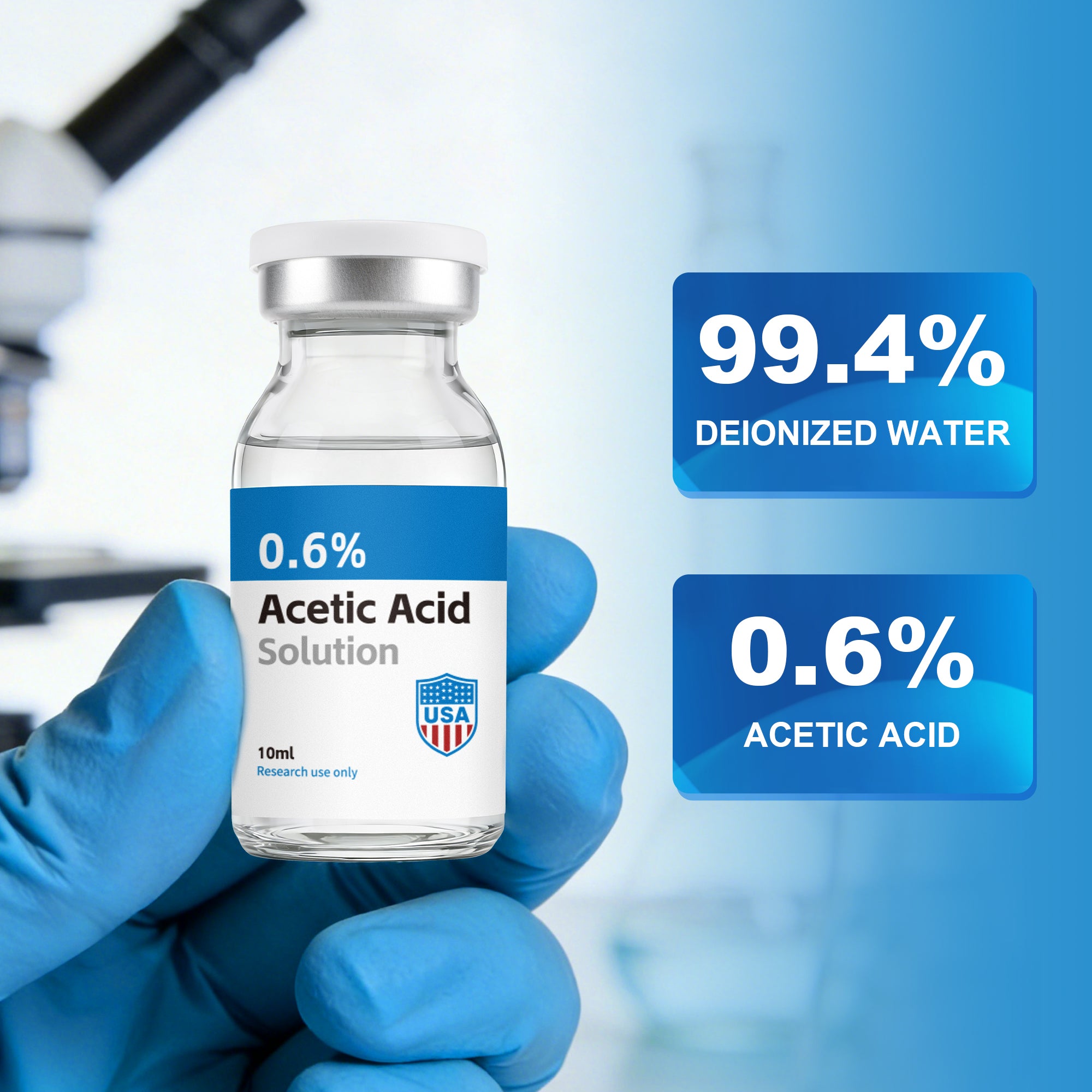 Acetic Acid Solution 0.6% Acetic Acid 10mL Clear Glass Vials Blue and White Packaging Detail 1