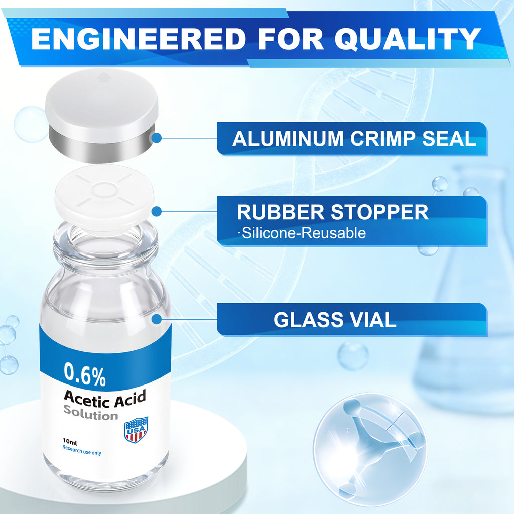 Acetic Acid Solution 0.6% Acetic Acid 10mL Clear Glass Vials Blue and White Packaging Detail 2