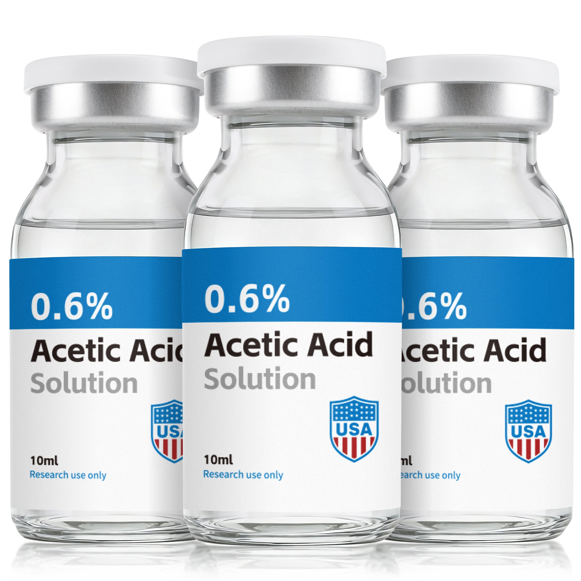 Acetic Acid Solution 0.6% Acetic Acid 10mL Clear Glass Vials Blue and White Packaging Pack of 3