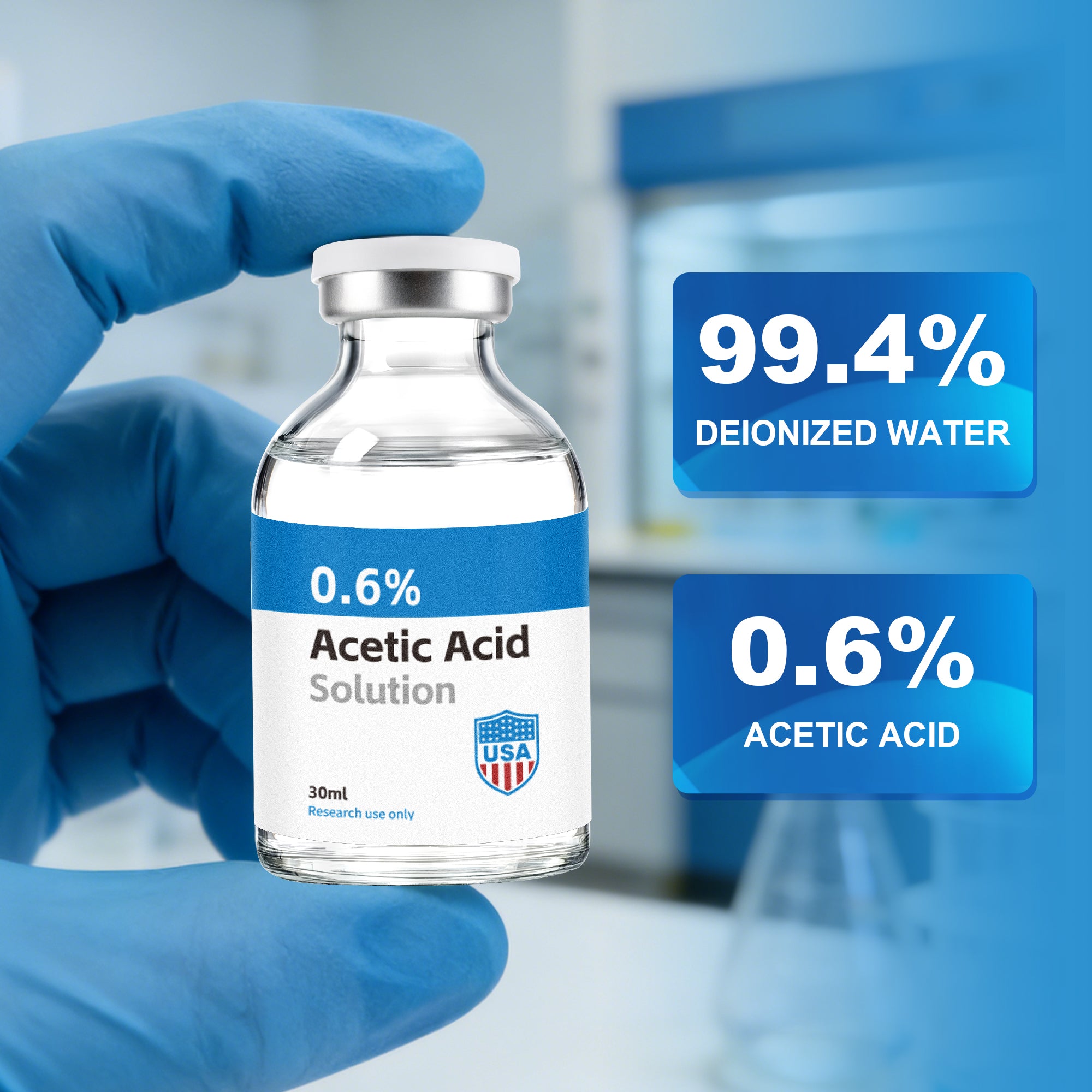 Acetic Acid Solution 0.6% Acetic Acid 30mL Clear Glass Vial Blue and White Packaging Detail 1