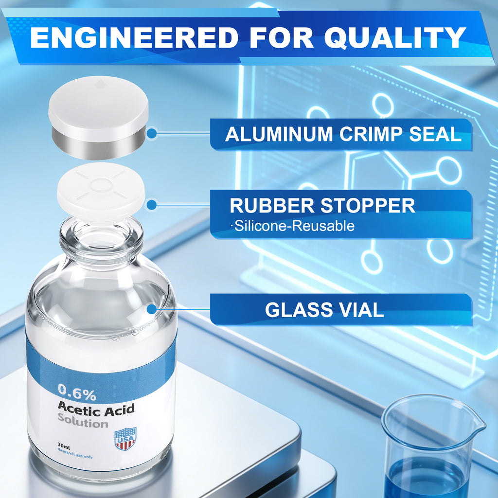 Acetic Acid Solution 0.6% Acetic Acid 30mL Clear Glass Vials Blue and White Packaging Detail 2