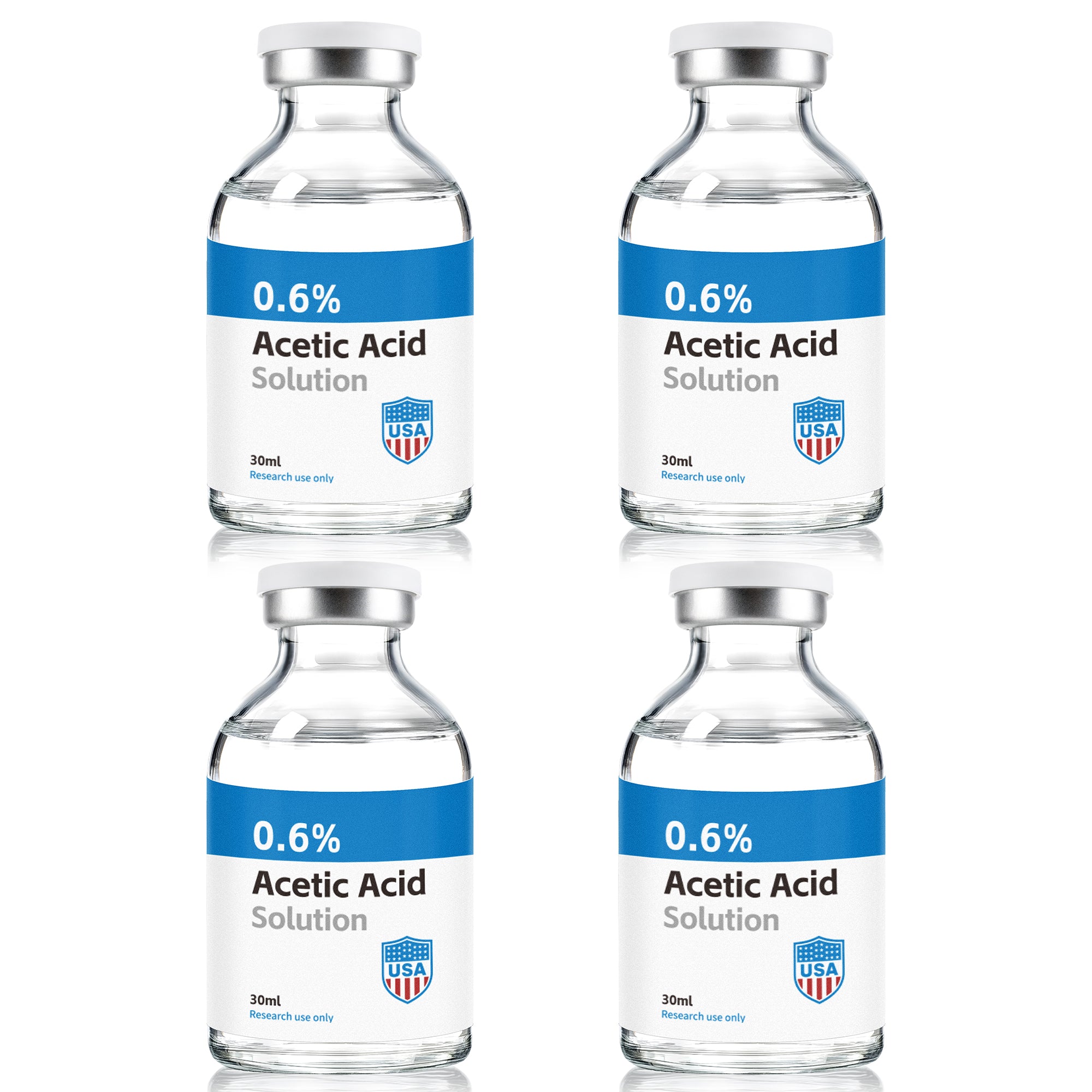 Acetic Acid Solution 0.6% Acetic Acid 30mL Clear Glass Vials Blue and White Packaging Pack of 4