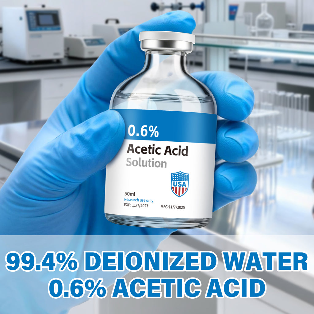 Acetic Acid Solution 0.6% Acetic Acid 50mL Clear Glass Vials Blue and White Packaging Detail 1