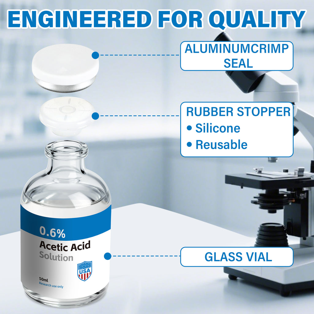 Acetic Acid Solution 0.6% Acetic Acid 50mL Clear Glass Vials Blue and White Packaging Detail 2
