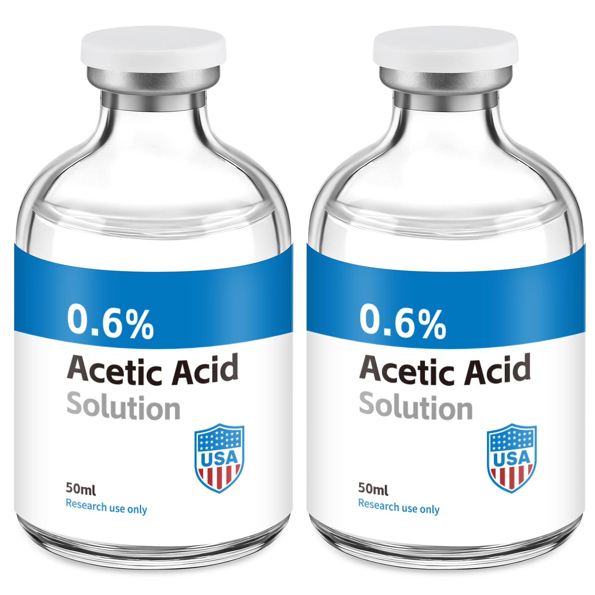 Acetic Acid Solution 0.6% Acetic Acid 50mL Clear Glass Vials Blue and White Packaging Pack of 2