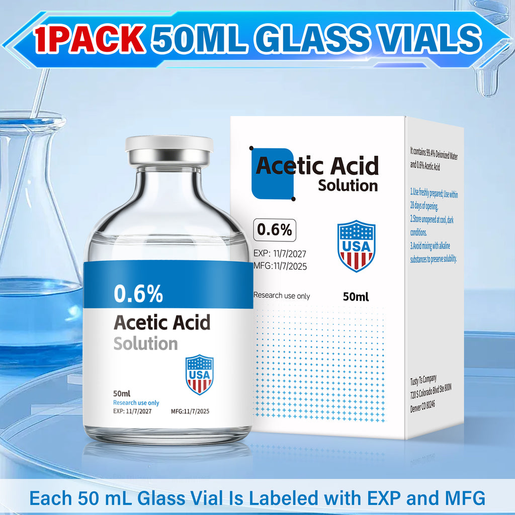 Acetic Acid Solution 0.6% Acetic Acid 50mL Clear Glass Vials Blue and White Packaging 1