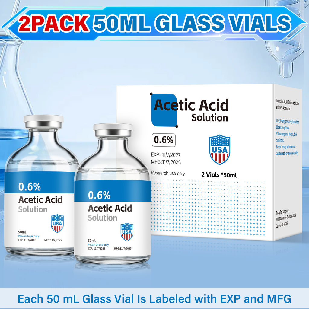 Acetic Acid Solution 0.6% Acetic Acid 50mL Clear Glass Vials Blue and White Packaging 2