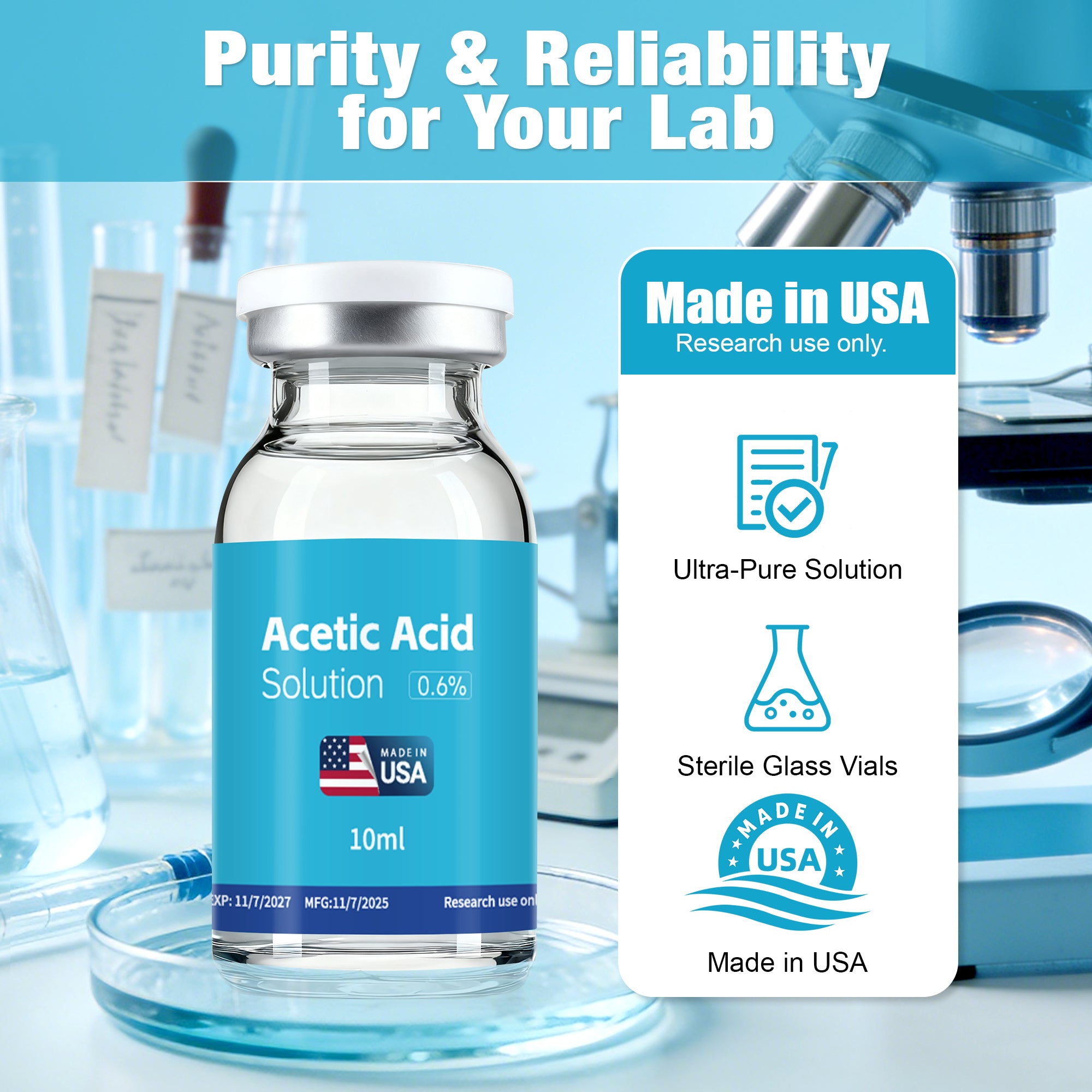Acetic Acid Solution 0.6% Acetic Acid 10mL Clear Glass Vials Dark Blue Packaging Detail 1