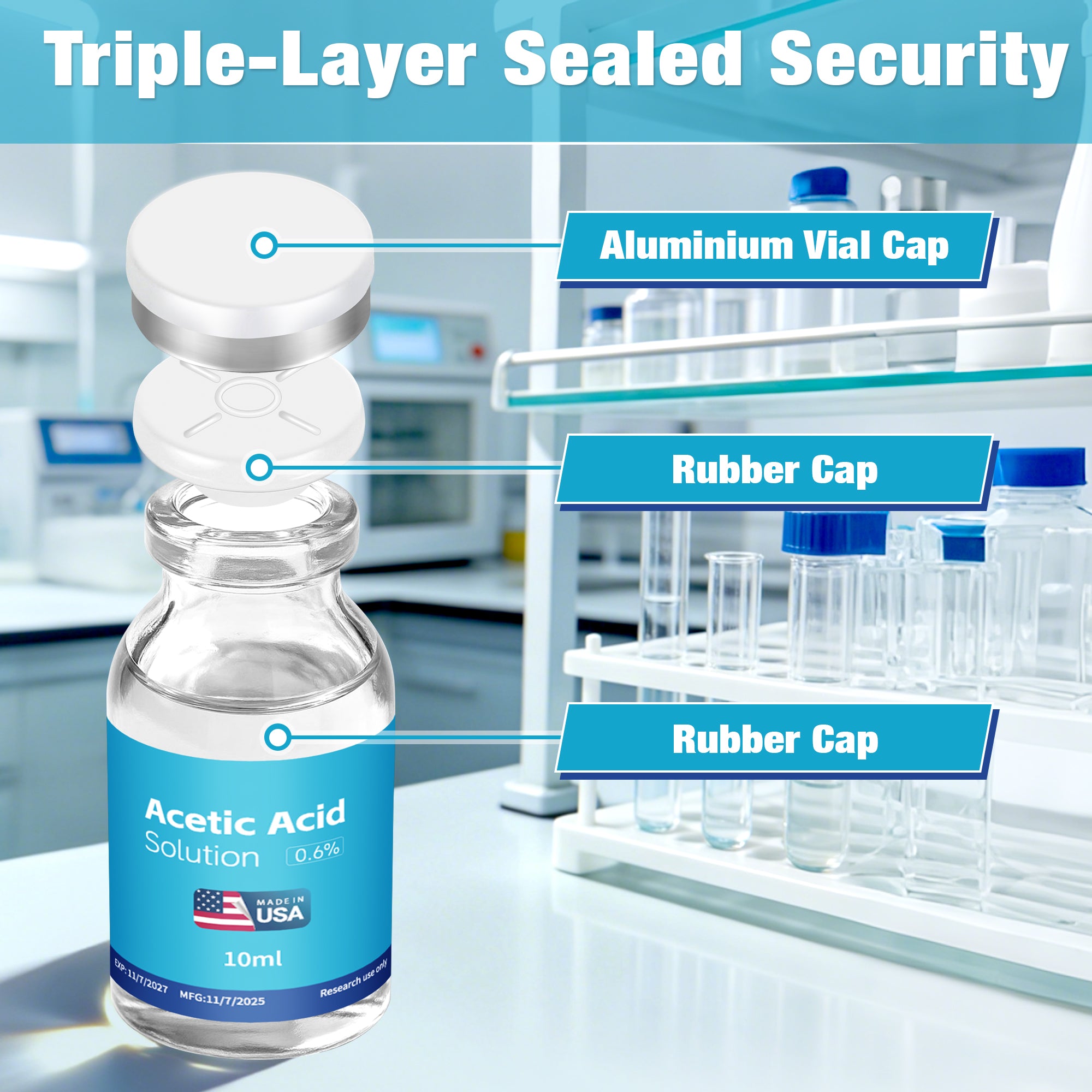 Acetic Acid Solution 0.6% Acetic Acid 10mL Clear Glass Vials Dark Blue Packaging Detail 2