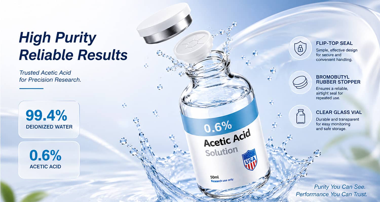 0.6% Acetic Acid Solution displayed in a laboratory-grade glass vial with professional branded packaging for laboratory research