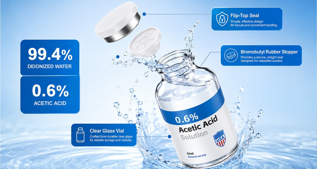 0.6% Acetic Acid laboratory research solution in sterile labeled vial with professional packaging for controlled laboratory workflows