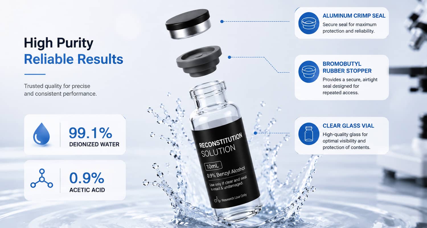 Reconstitution Solution – 0.9% Benzyl Alcohol displayed in a laboratory-grade glass vial with professional branded packaging for laboratory research