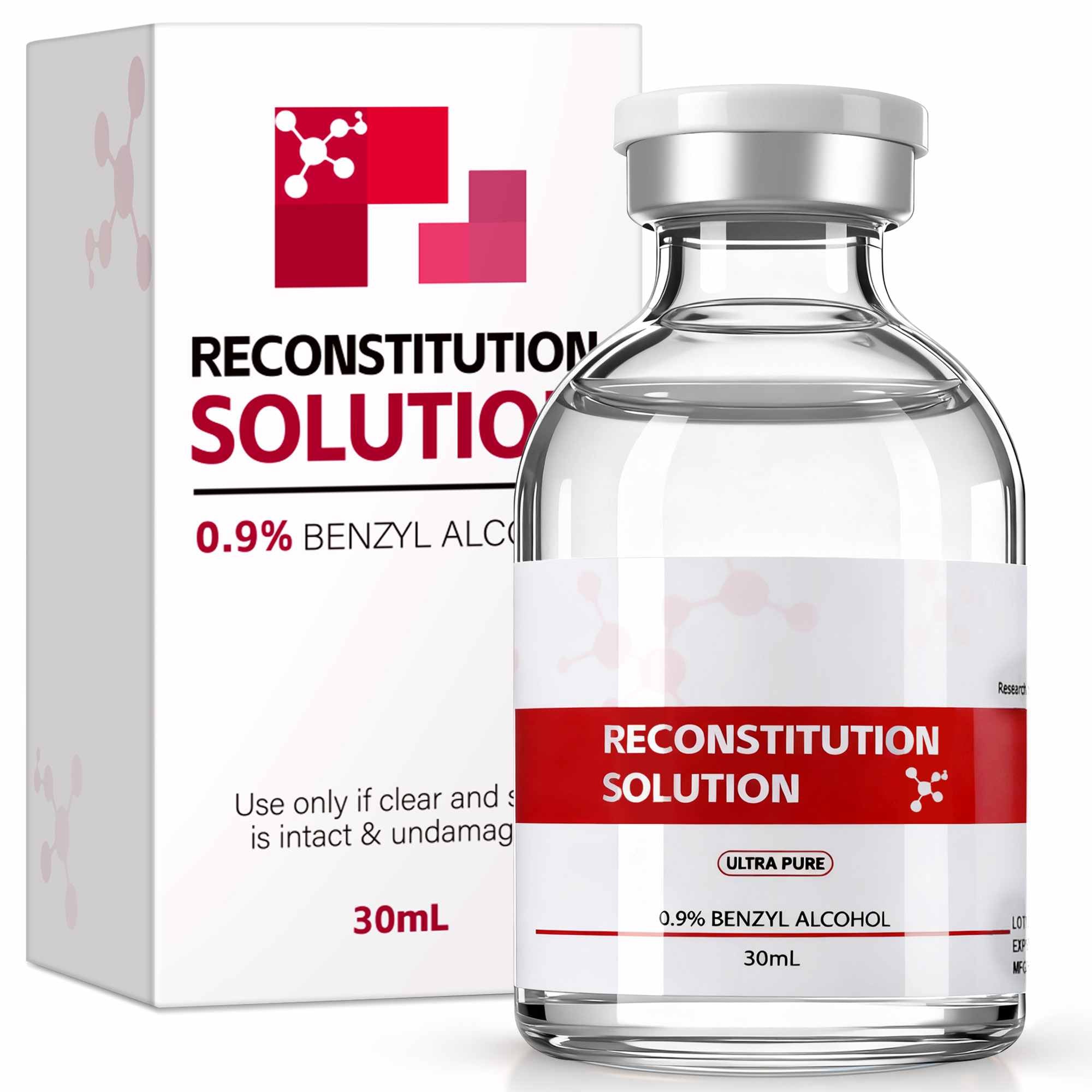 Laboratory-grade Reconstitution Solution 0.9% Benzyl Alcohol 30mL glass vial with light-red packaging for laboratory research.