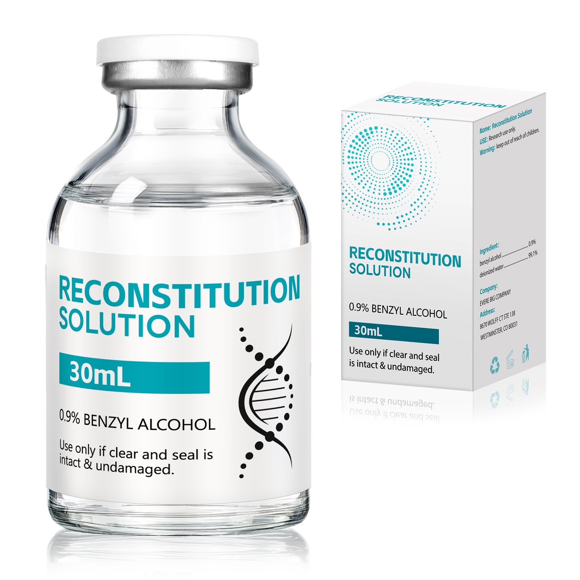 Laboratory-grade Reconstitution Solution 0.9% Benzyl Alcohol 30mL glass vial with peacock blue packaging for laboratory research.