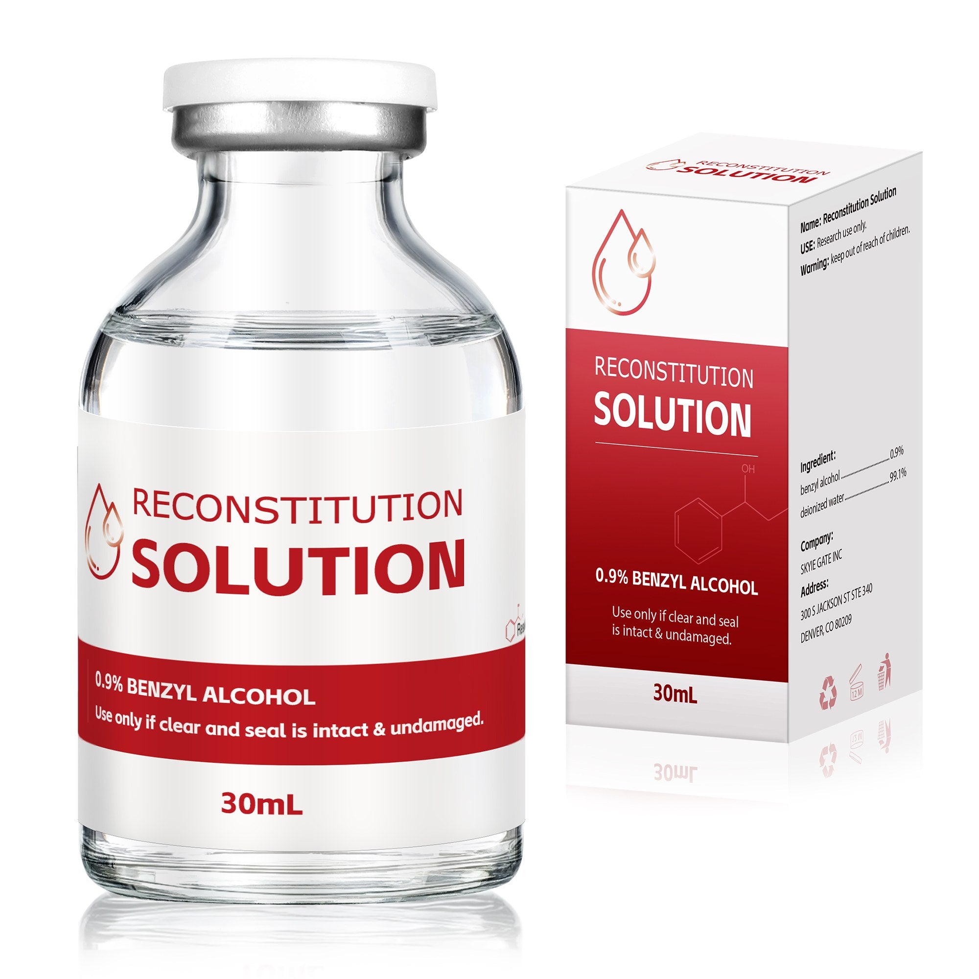 Laboratory-grade Reconstitution Solution 0.9% Benzyl Alcohol 30mL glass vial with red packaging for laboratory research.