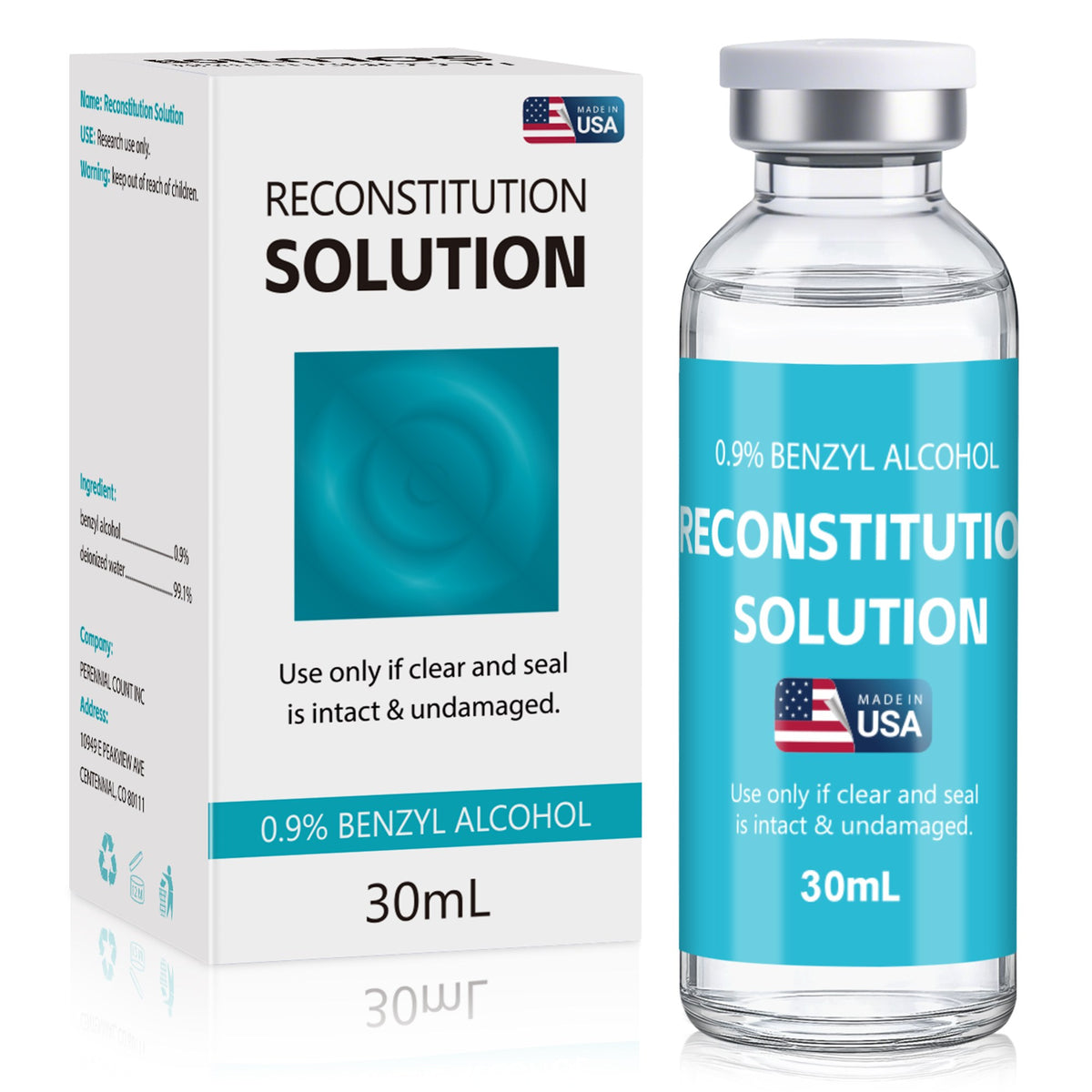 Laboratory-grade Reconstitution Solution 0.9% Benzyl Alcohol 30mL glass tall vial with dark blue packaging for laboratory research.