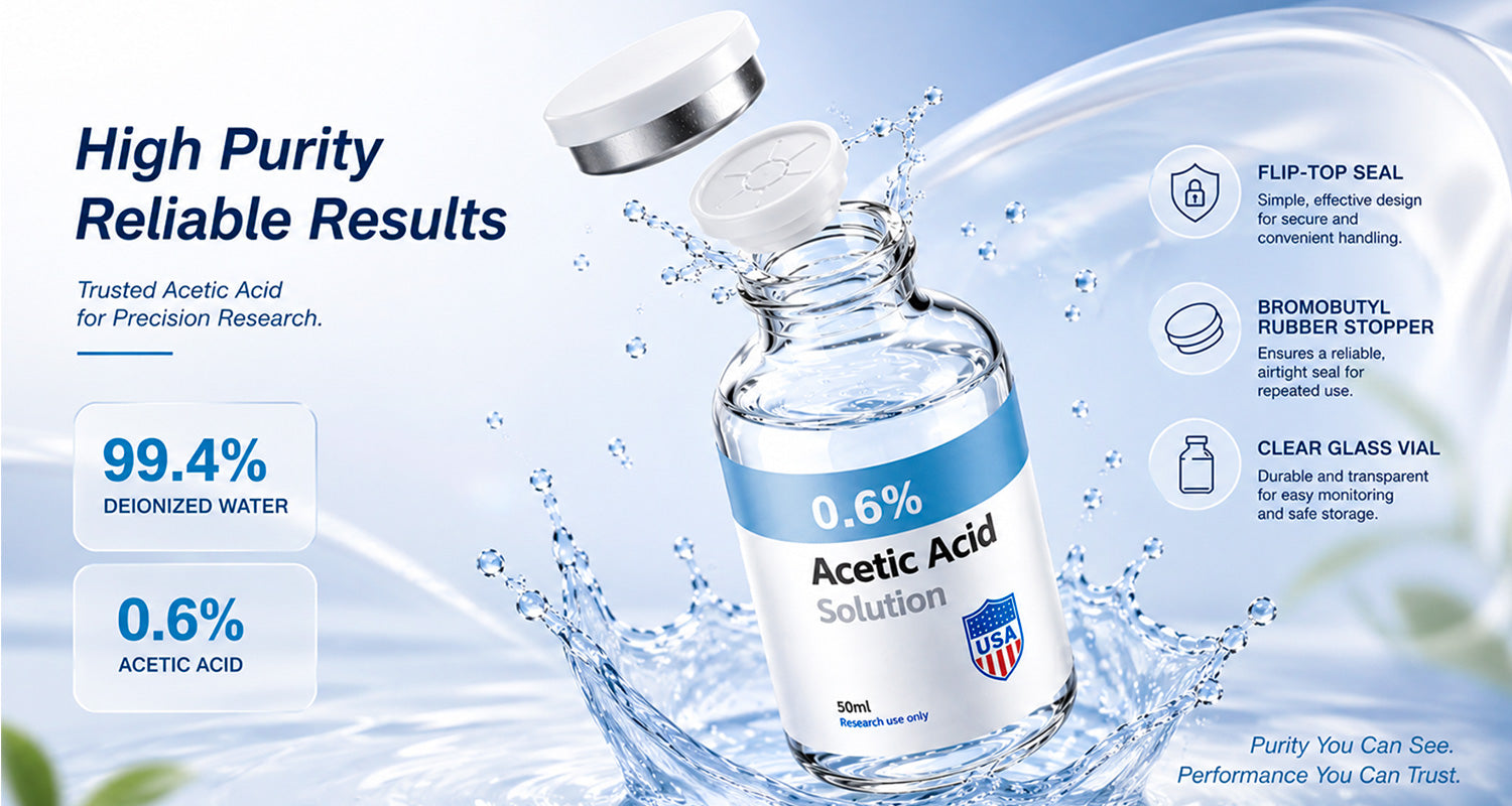 0.6% Acetic Acid sterile laboratory solution vial sealed cap rubber stopper detail