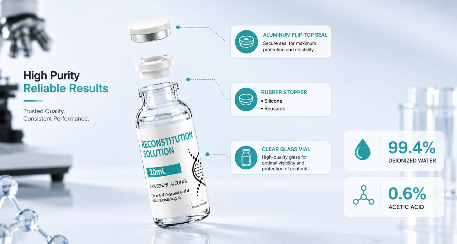 0.9% Benzyl Alcohol sterile laboratory solution vial sealed cap rubber stopper detail