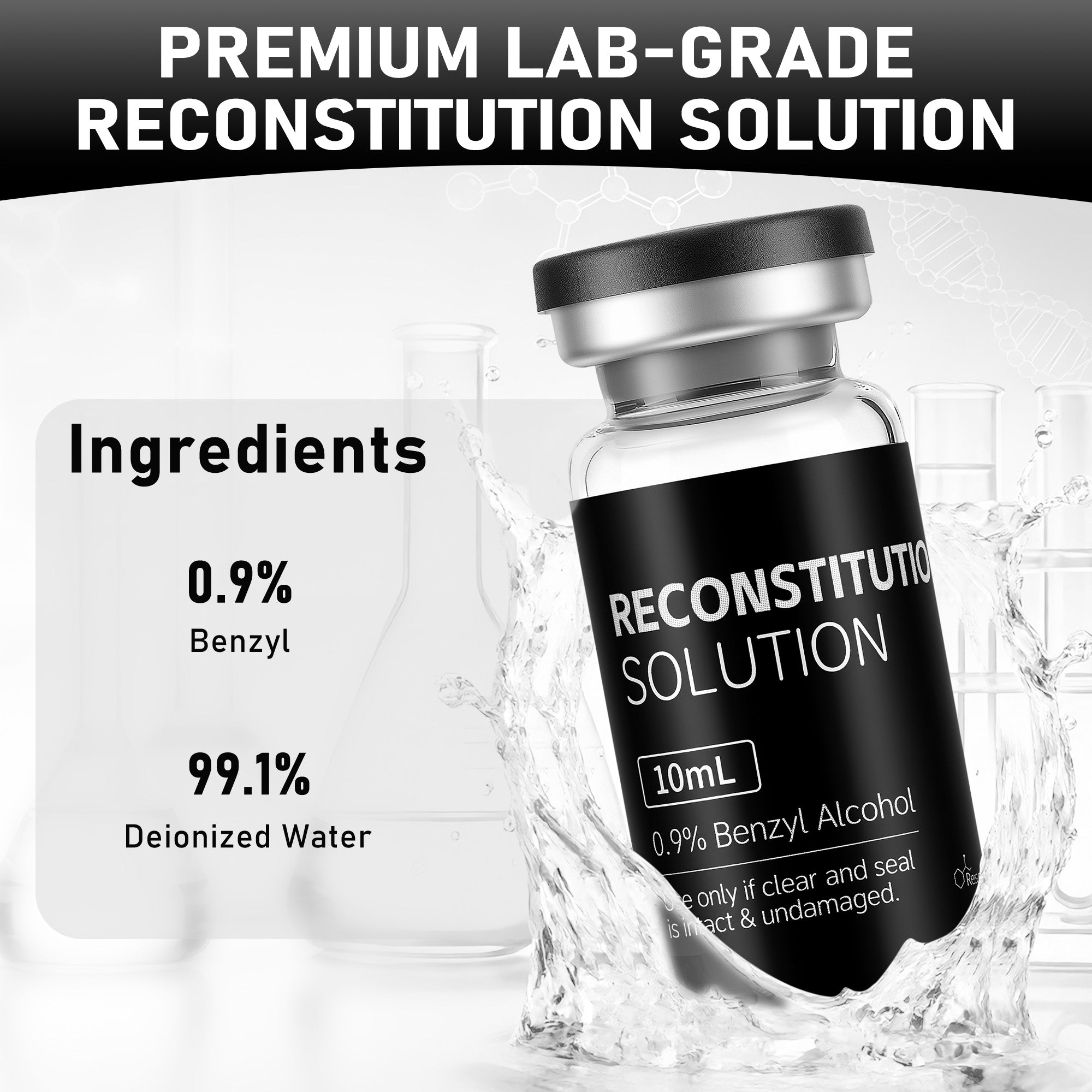 Reconstitution Solution 0.9% Benzyl Alcohol 10mL tall vial Black Packaging Detail 1