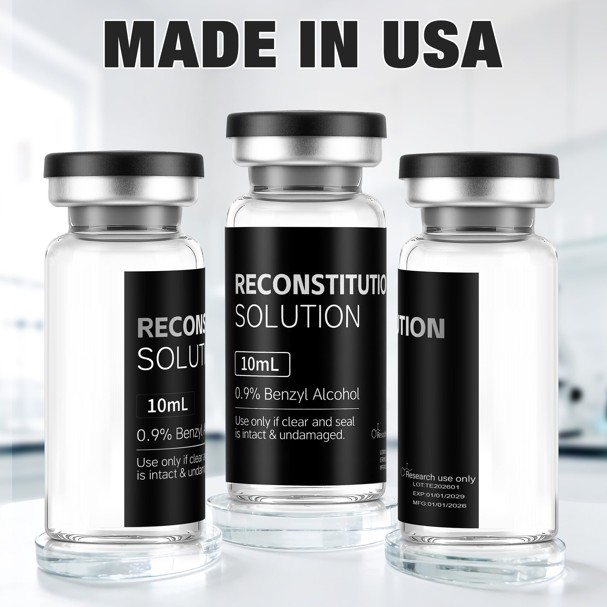 Reconstitution Solution 0.9% Benzyl Alcohol 10mL tall vial Black Packaging Detail 4