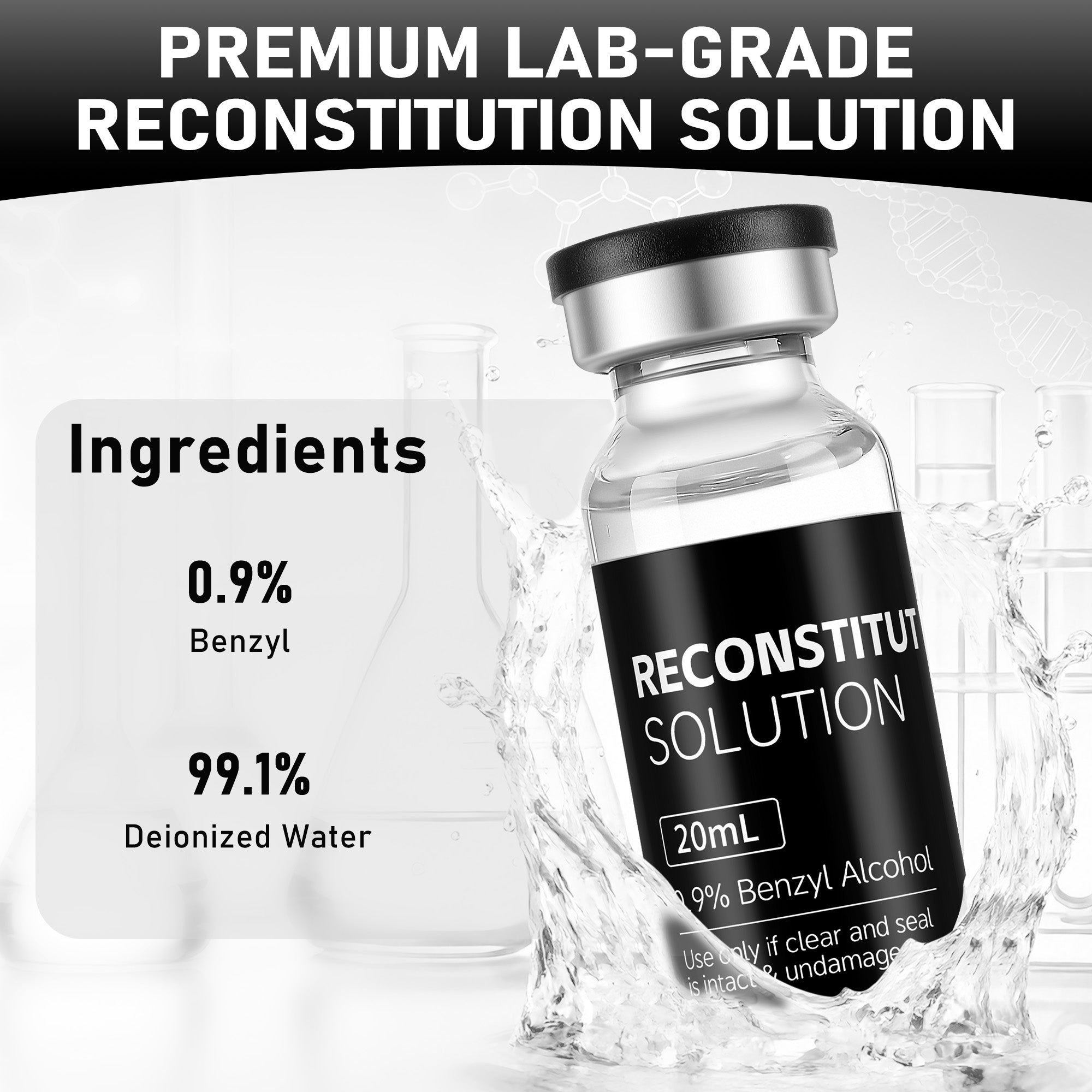 Reconstitution Solution 0.9% Benzyl Alcohol 20mL Tall Vial Black Packaging Detail 1