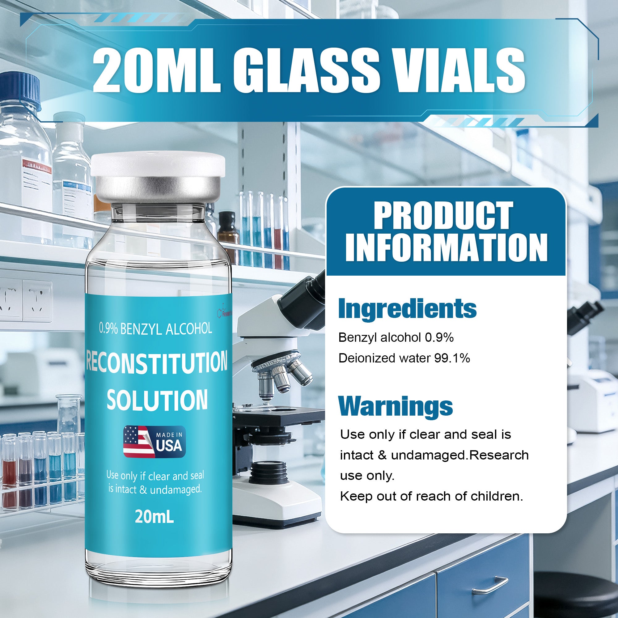 Reconstitution Solution 0.9% Benzyl Alcohol 20mL Tall Vial Dark Blue Packaging Detail 1
