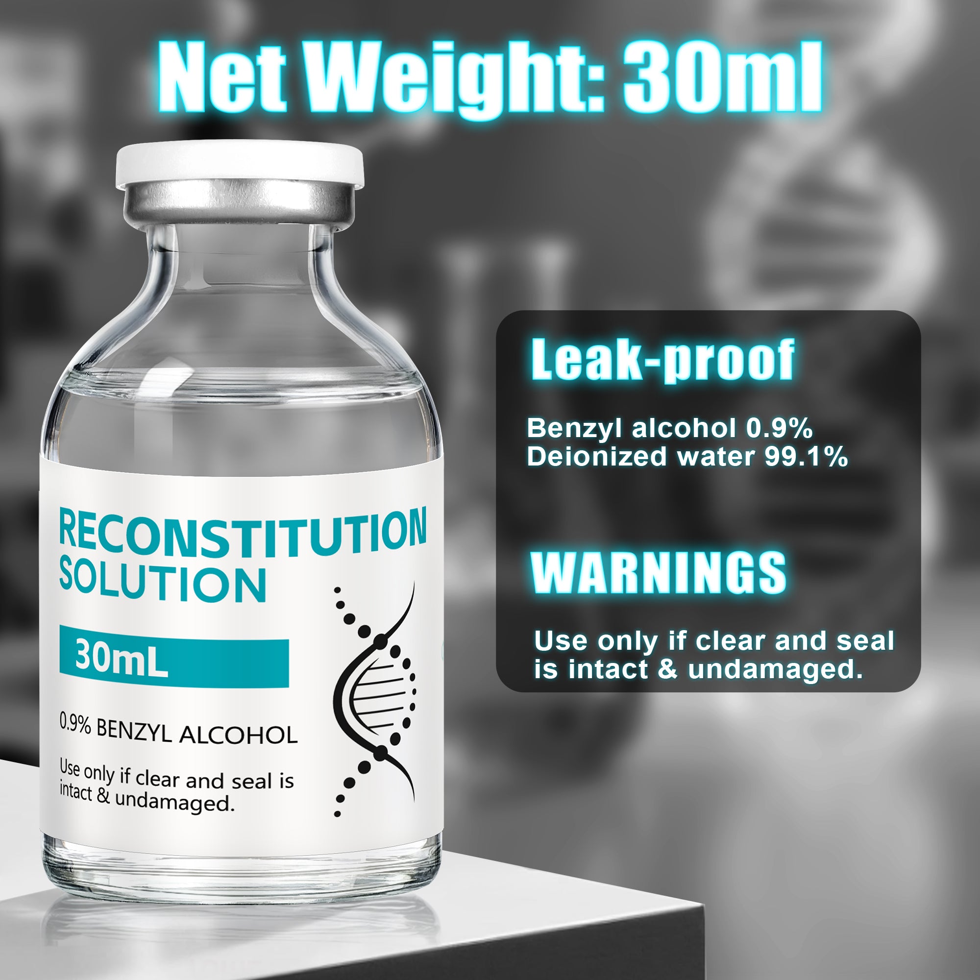 Reconstitution Solution 0.9% Benzyl Alcohol 30mL vial Peacock Blue Packaging Detail 1