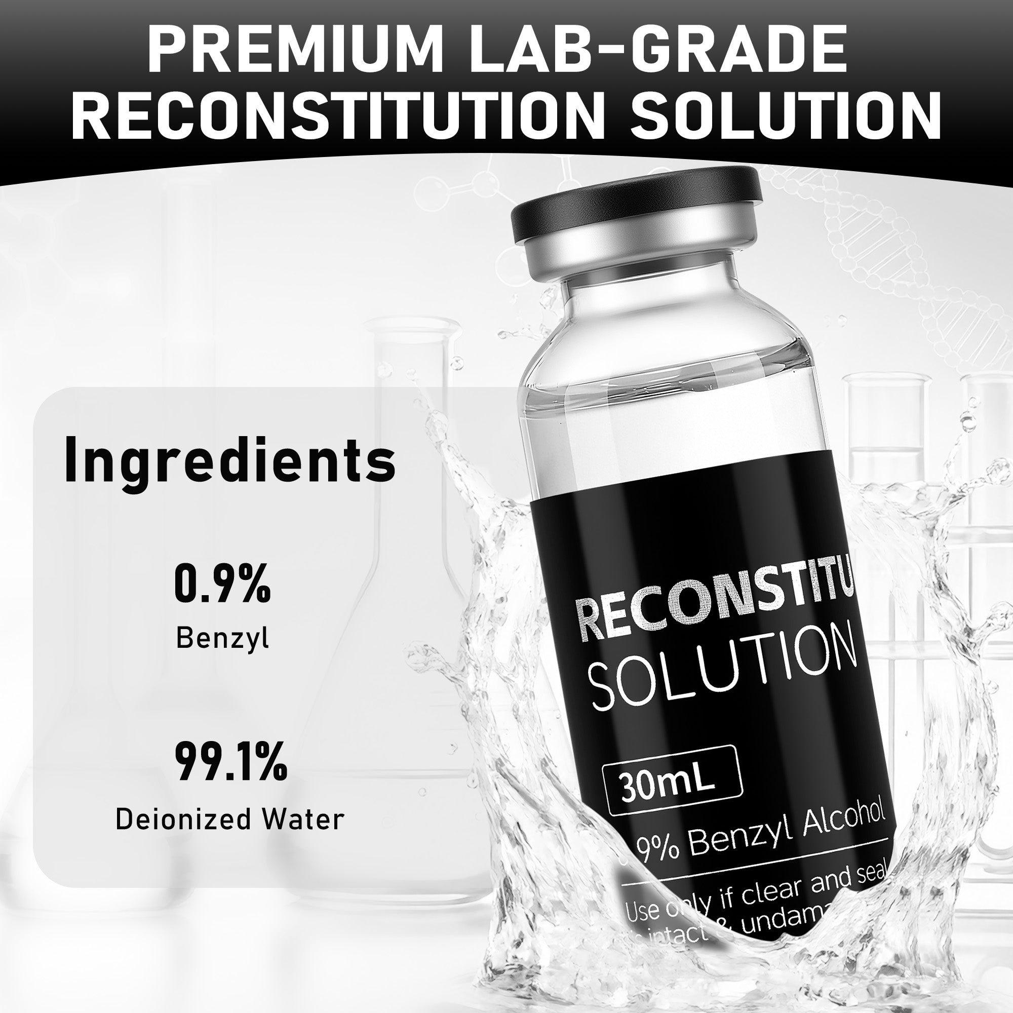 Reconstitution Solution 0.9% Benzyl Alcohol 30mL Tall Vials Black Packaging  Detail 3