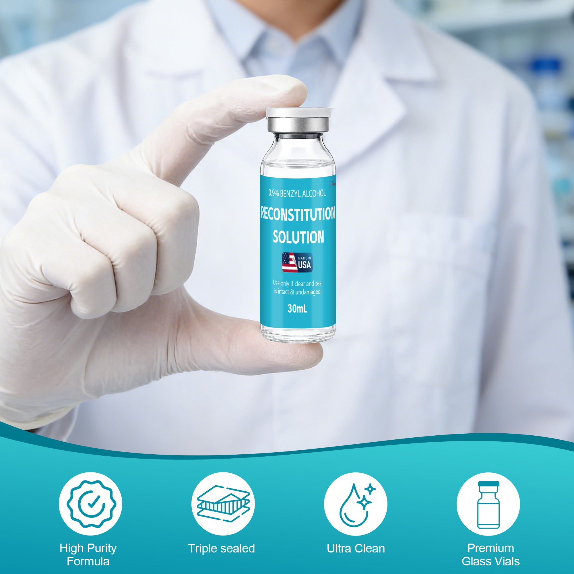 Reconstitution Solution 0.9% Benzyl Alcohol 30mL Tall Vial Dark Blue Packaging Detail 2