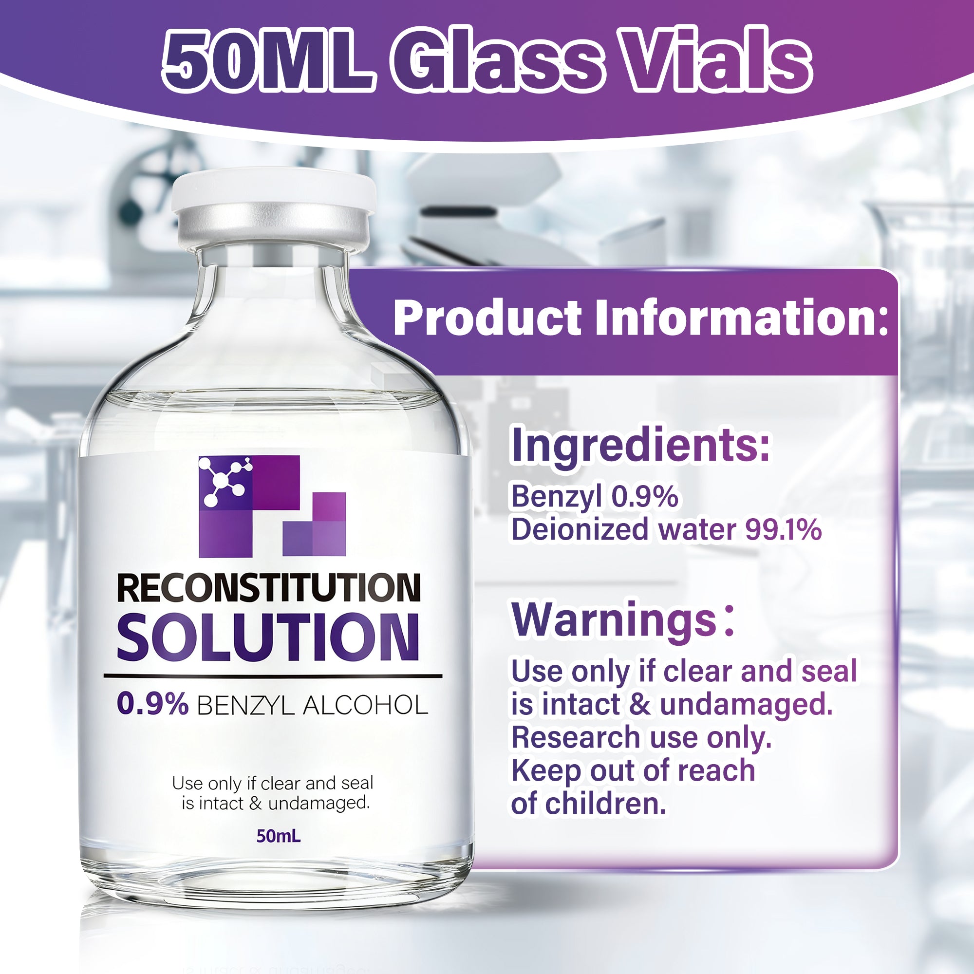 Reconstitution Solution 0.9% Benzyl Alcohol 50mL vial Purple Packaging Detail 1