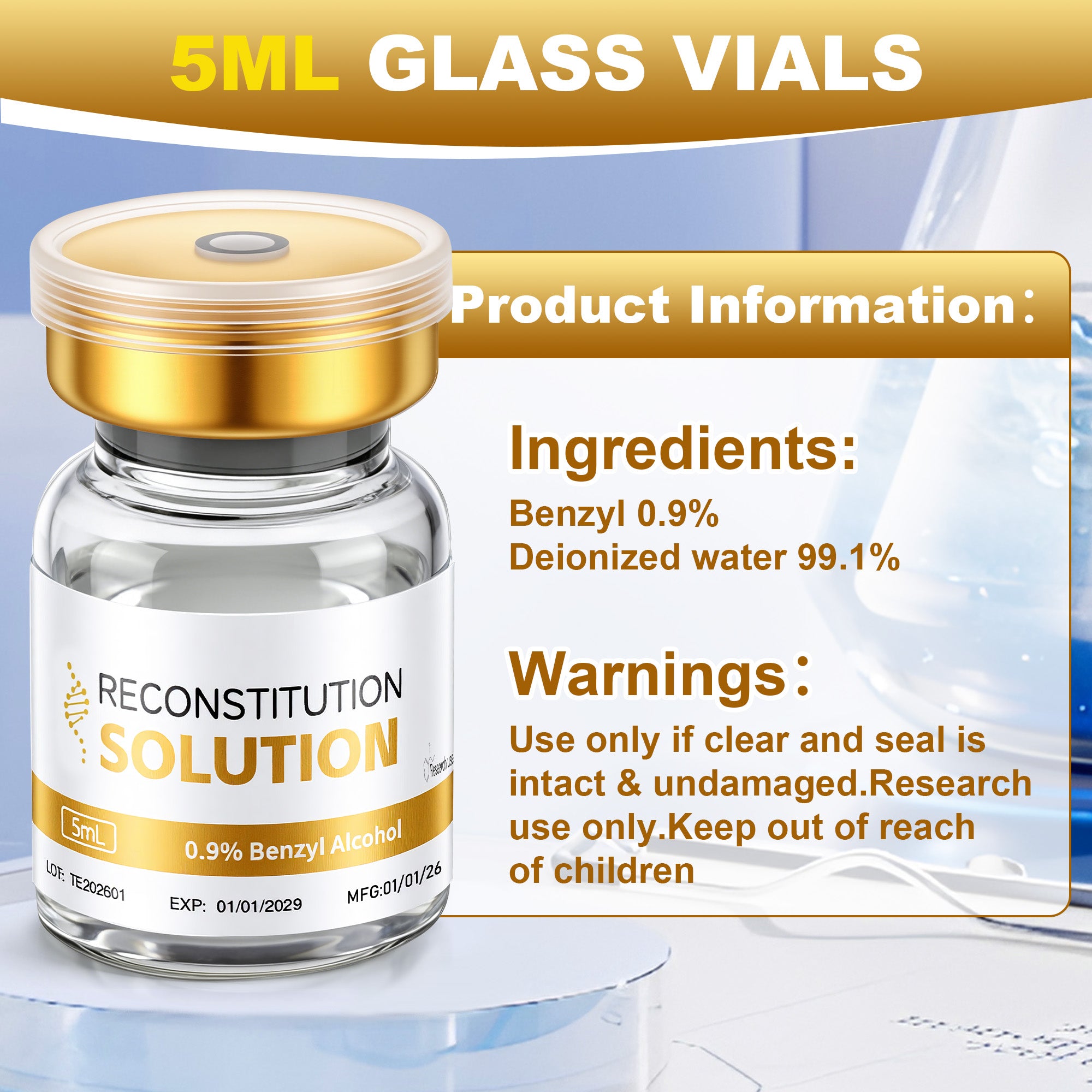 Reconstitution Solution 0.9% Benzyl Alcohol 5mL Vials Golden Packaging Detail 1
