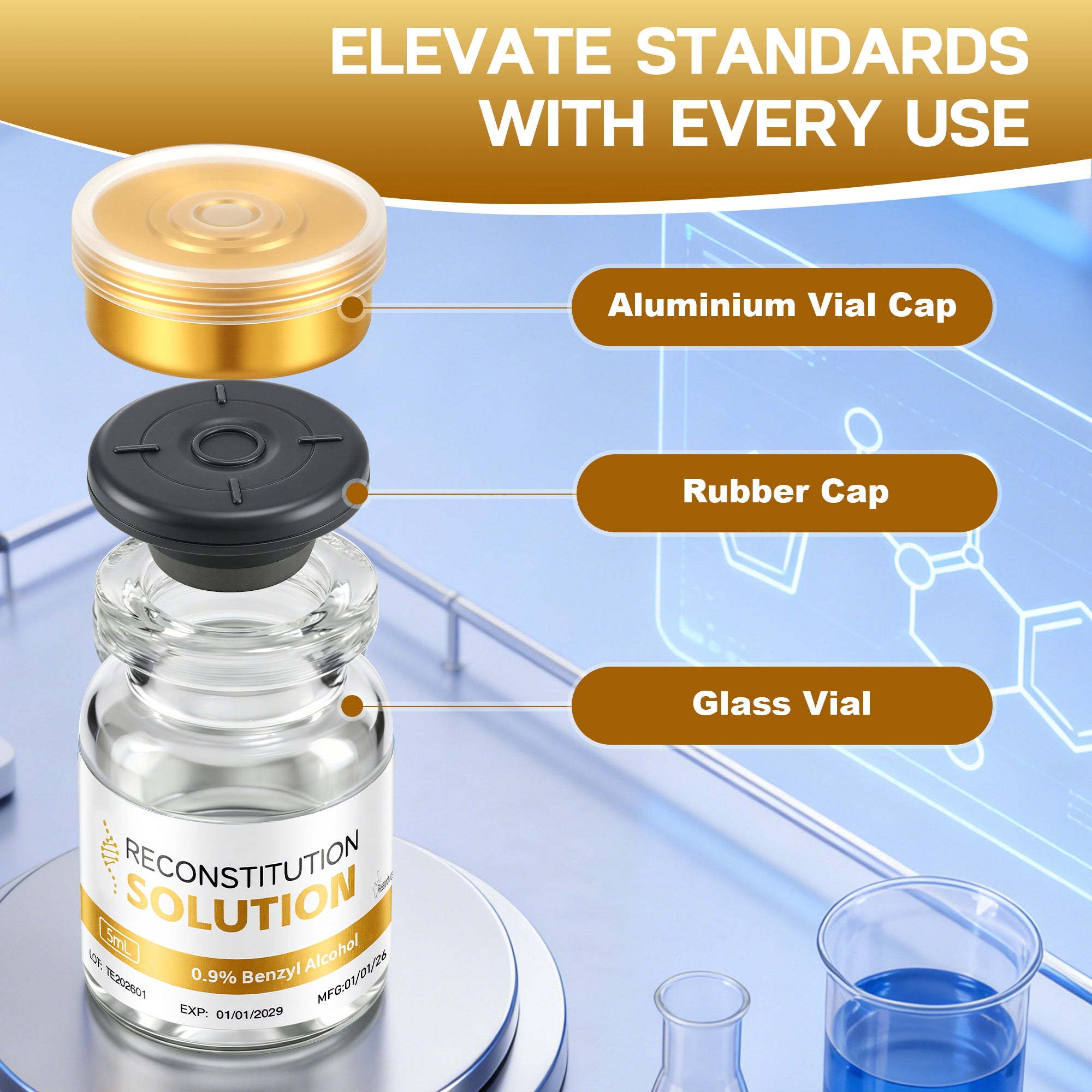 Reconstitution Solution 0.9% Benzyl Alcohol 5mL Vials Golden Packaging Detail 2