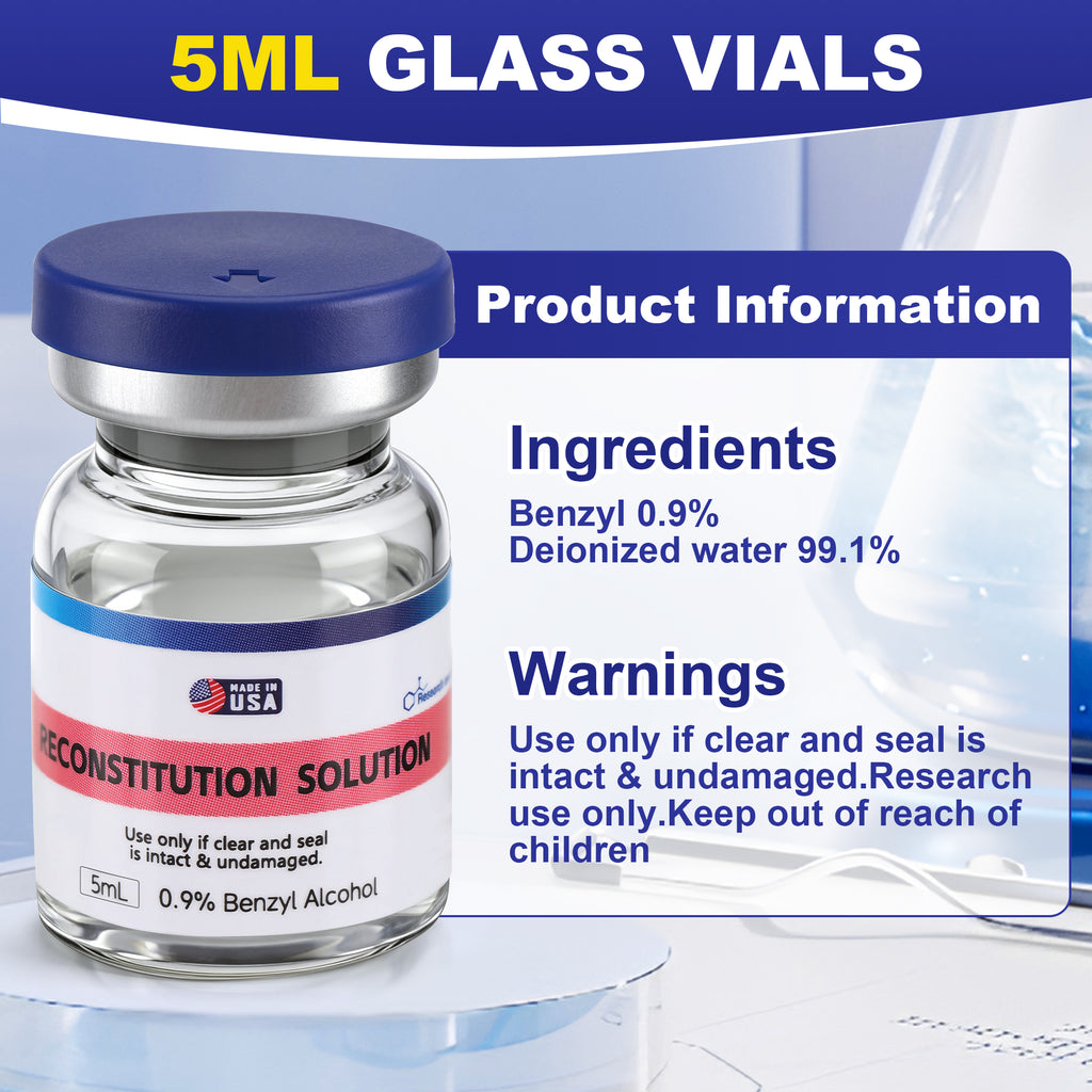 Reconstitution Solution 0.9% Benzyl Alcohol 5mL Vials Navy Blue Packaging With Blue Lid Detail 1