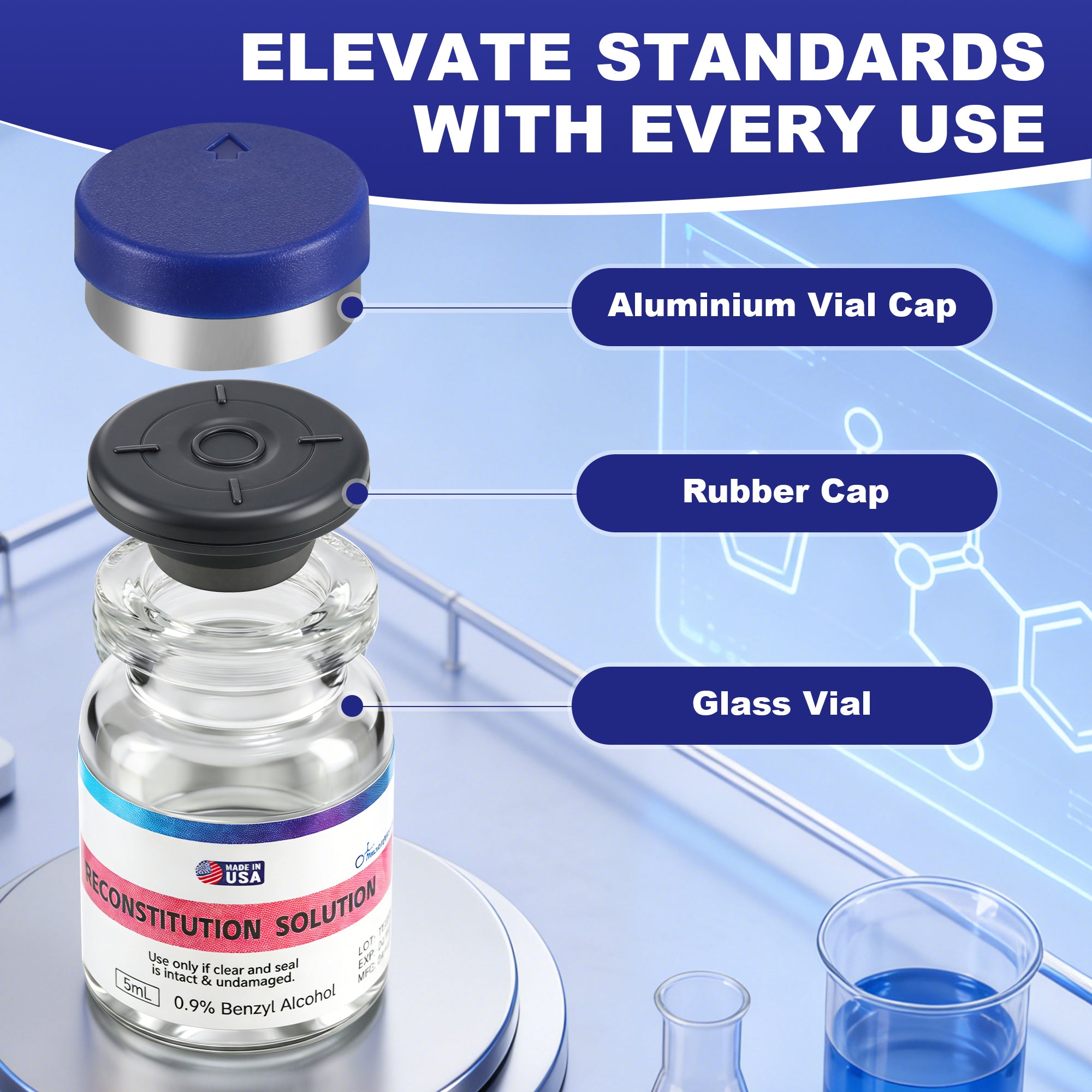 Reconstitution Solution 0.9% Benzyl Alcohol 5mL Vials Navy Blue Packaging With Blue Lid Detail 2