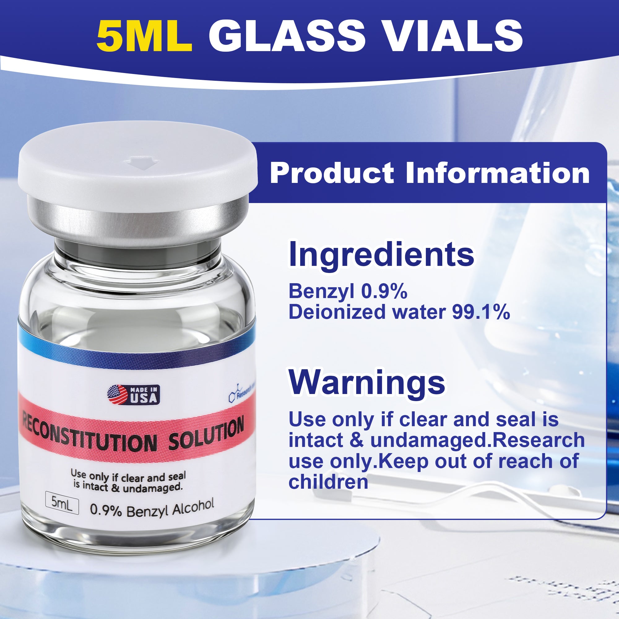 Reconstitution Solution 0.9% Benzyl Alcohol 5mL Vials Navy Blue Packaging With White Lid Detail 1