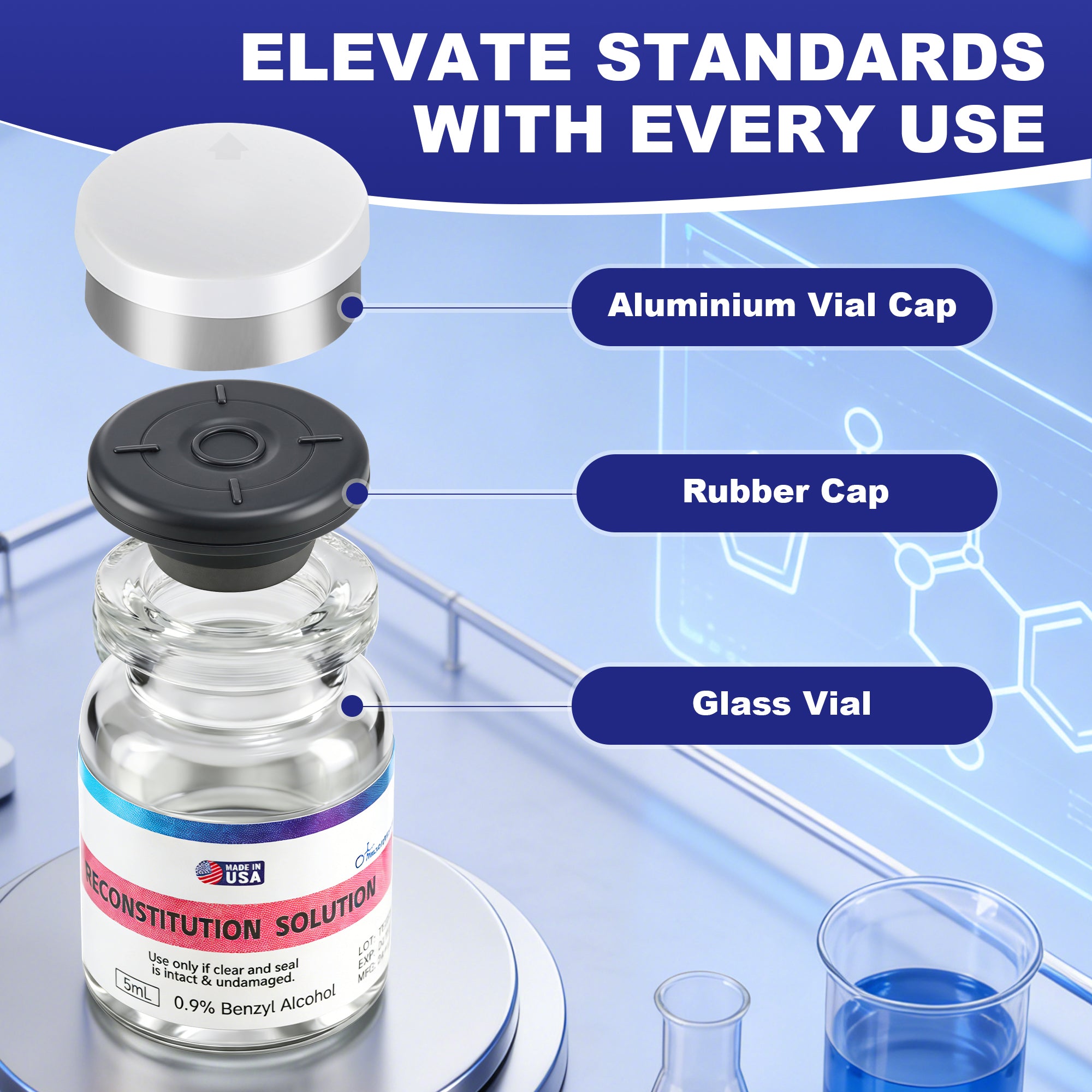 Reconstitution Solution 0.9% Benzyl Alcohol 5mL Vials Navy Blue Packaging With White Lid Detail 2